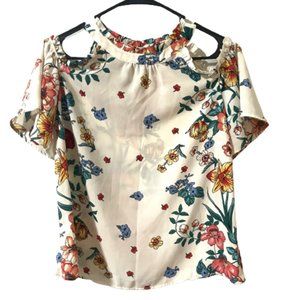 Women's LARGE Monteau Sheer Blouse with Peekaboo Shoulder Cream Floral Spring